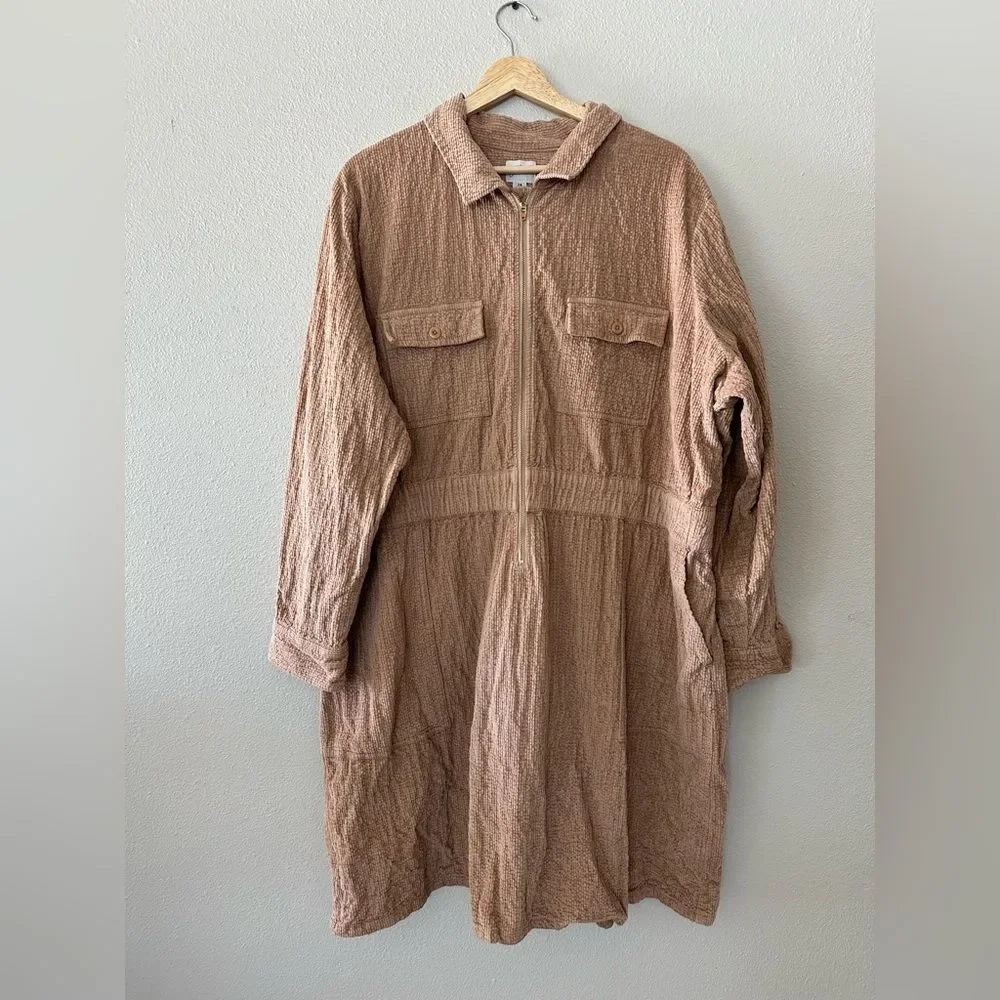 J Crew Zip Front Cinch Corduroy Tan Textured Long Sleeve Dress Size 24